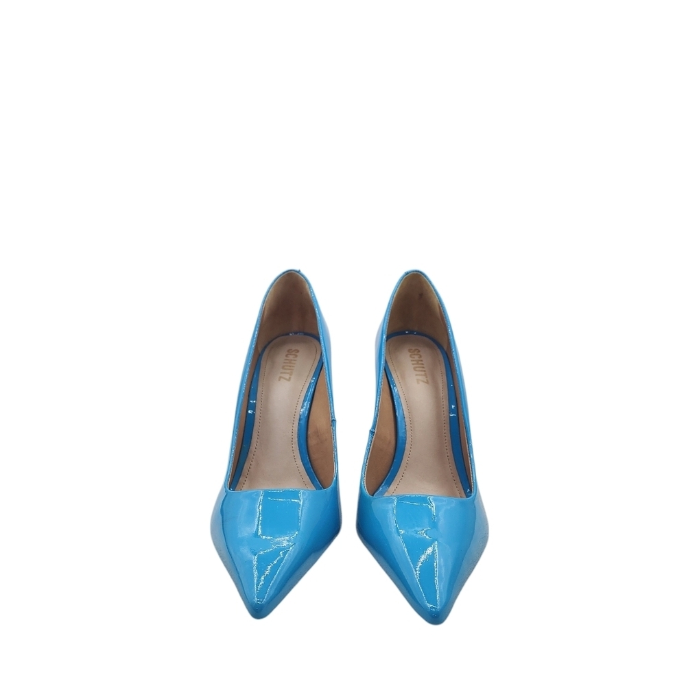 Schutz Women's Lou Patent Bright Ocean Stiletto Pointed Toe Pump Shoes - 9 - Picture 3 of 10